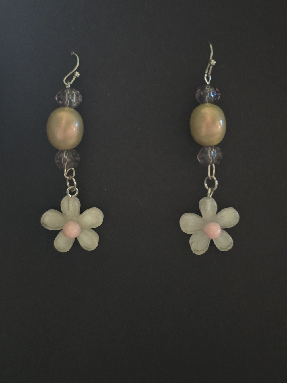 Floral Drop Earrings with Pale Green Petals and Pink Center